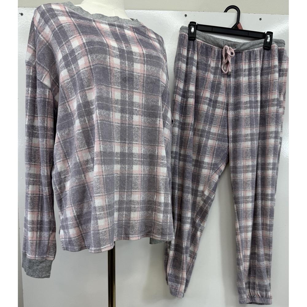 Kensie Pajama Set Womens XL Purple Pink Plaid Fleece Jogger 2 Piece Sleepwear